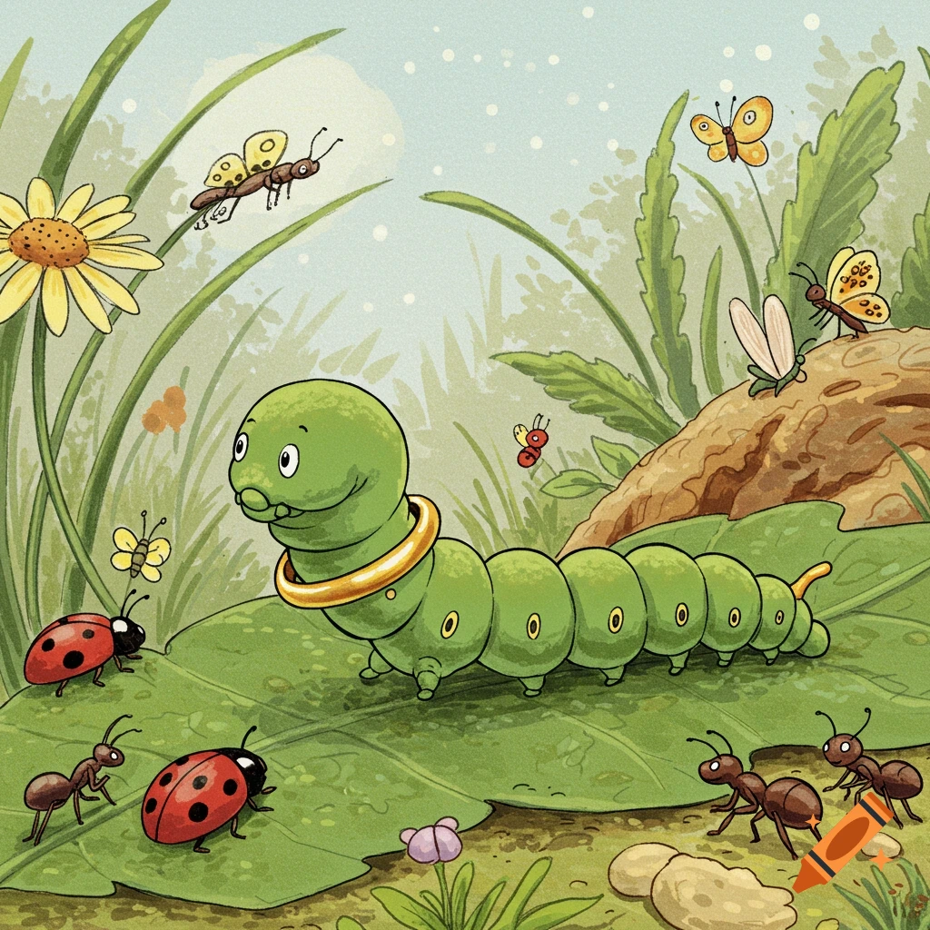 A charming green caterpillar with a gold ring on a leaf, surrounded by ladybugs, ants, and butterflies in a whimsical, illustrative style.