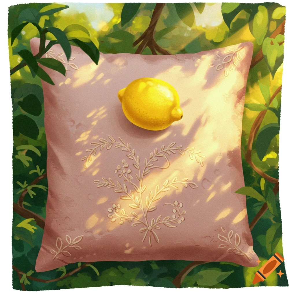 A lemon rests on a pink embroidered pillow bathed in sunlight, surrounded by green foliage in a painterly style.