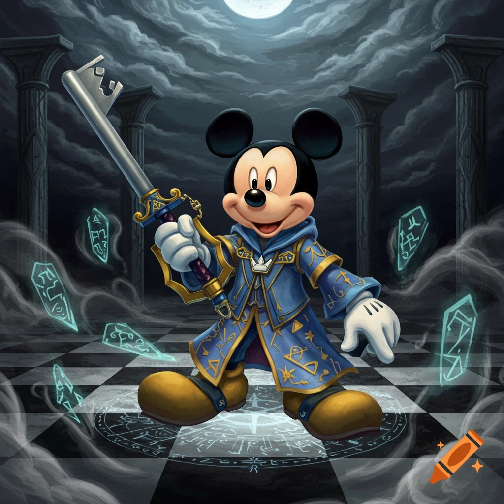 Mickey Mouse in a blue wizard robe holds a large silver keyblade, standing on a checkerboard floor with glowing runes under a full moon and cloudy sky, flanked by ancient pillars.