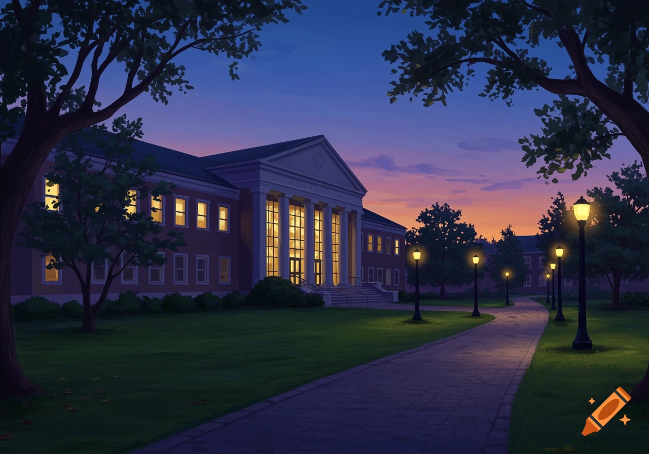 A twilight illustration of a large brick university building with illuminated windows and pillars, surrounded by trees and lamp-lit paths.
