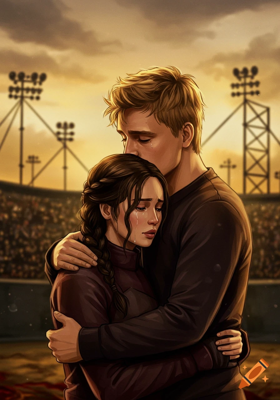 A blonde-haired man embraces and kisses the forehead of a crying dark-haired woman in a realistic cartoon style, set in a stadium at sunset.