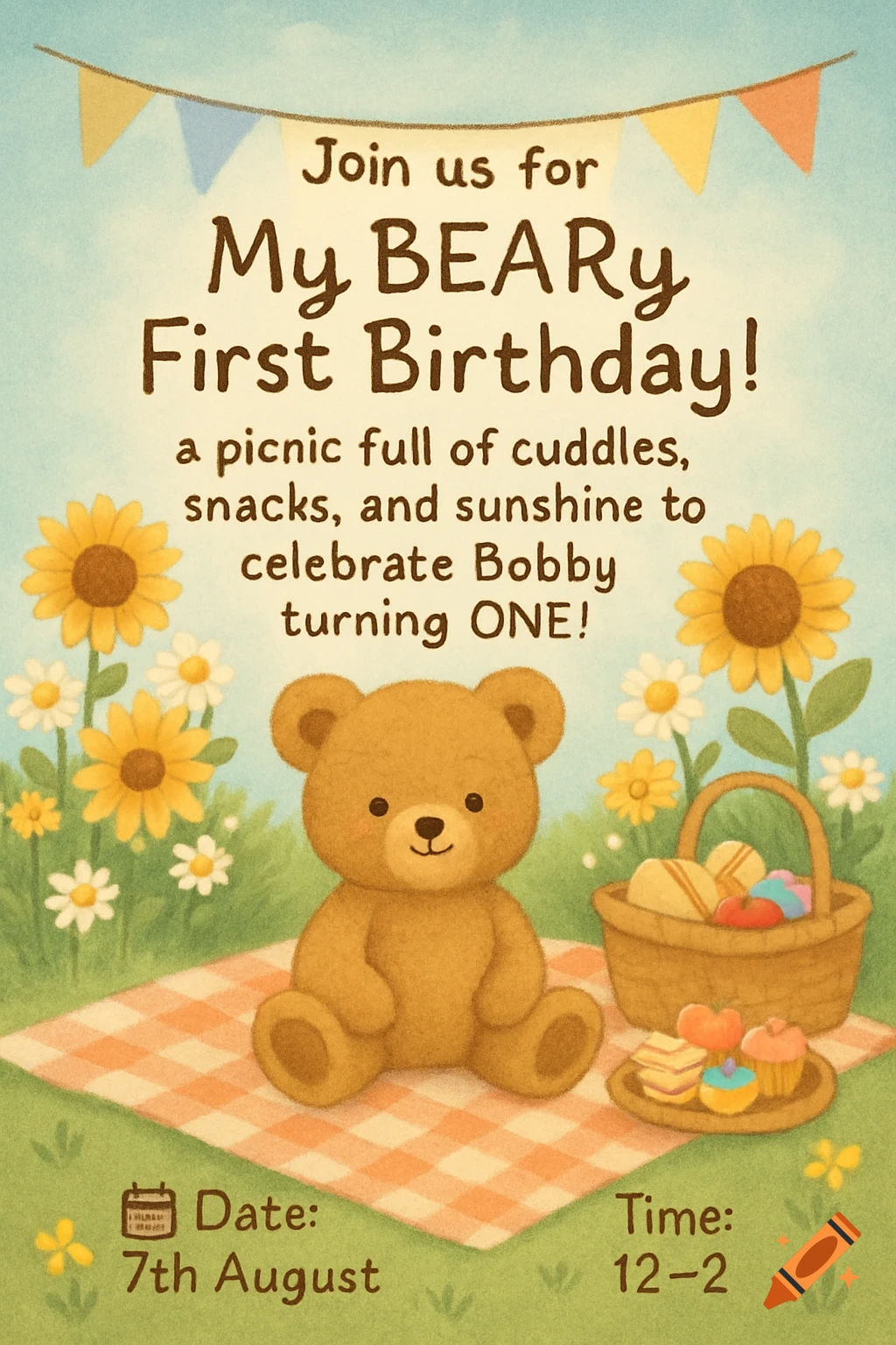 A cute illustrated birthday invitation for a first birthday, featuring a brown teddy bear sitting on a picnic blanket with snacks and sunflowers, under a banner of colorful flags. The text reads: 'Join us for My BEARy First Birthday! a picnic full of cuddles, snacks, and sunshine to celebrate Bobby turning ONE! Date: 7th August Time: 12-2'.