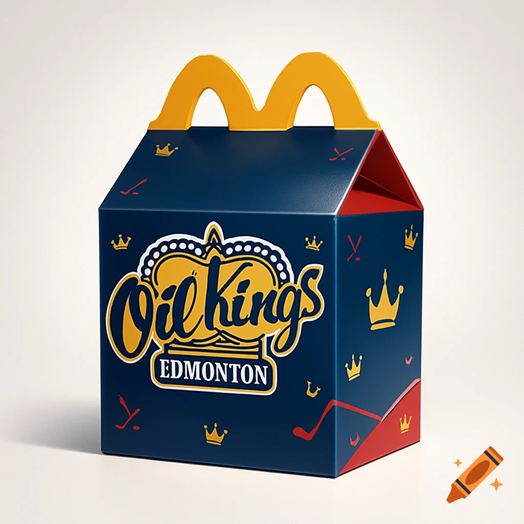 A blue Happy Meal box with yellow McDonald's arches handles, featuring a yellow 'Oil Kings Edmonton' logo with a crown, and small hockey-themed symbols.