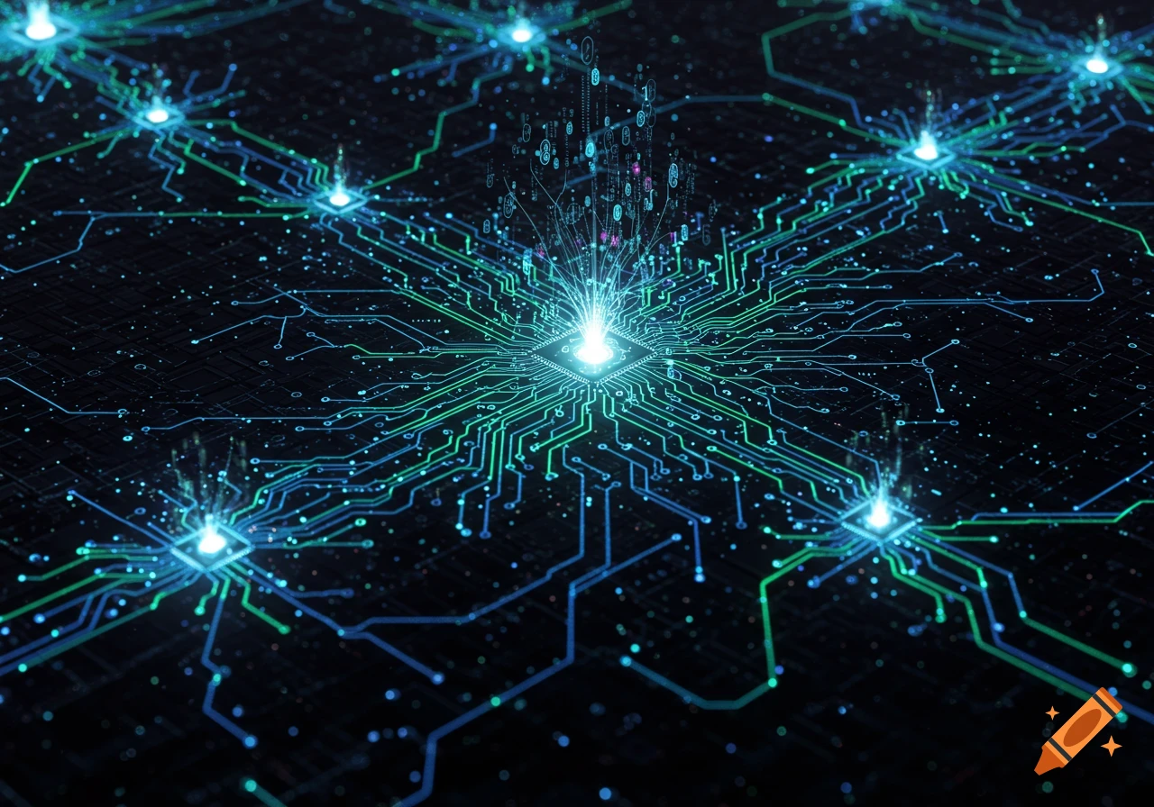 A close-up view of a circuit board with glowing blue and green lines connecting multiple bright processors, with binary data flowing from the central processor.