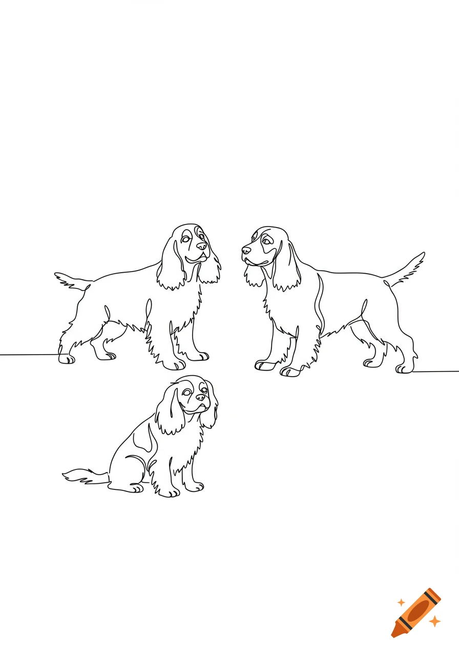 A minimalist one-line drawing on a white background features two standing cocker spaniels and one sitting cavalier.