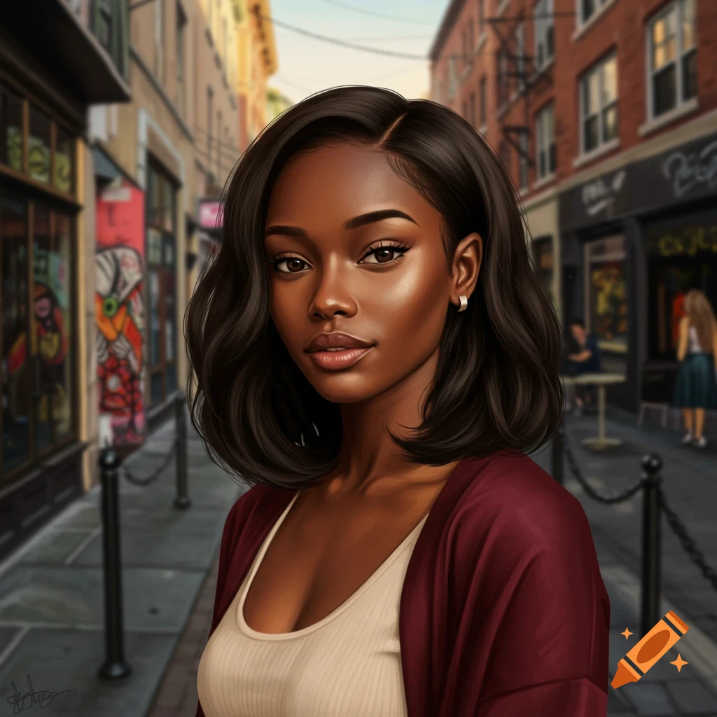 A close-up portrait of a Black woman with dark, wavy shoulder-length hair, wearing a red cardigan over a beige top, standing on a city street.