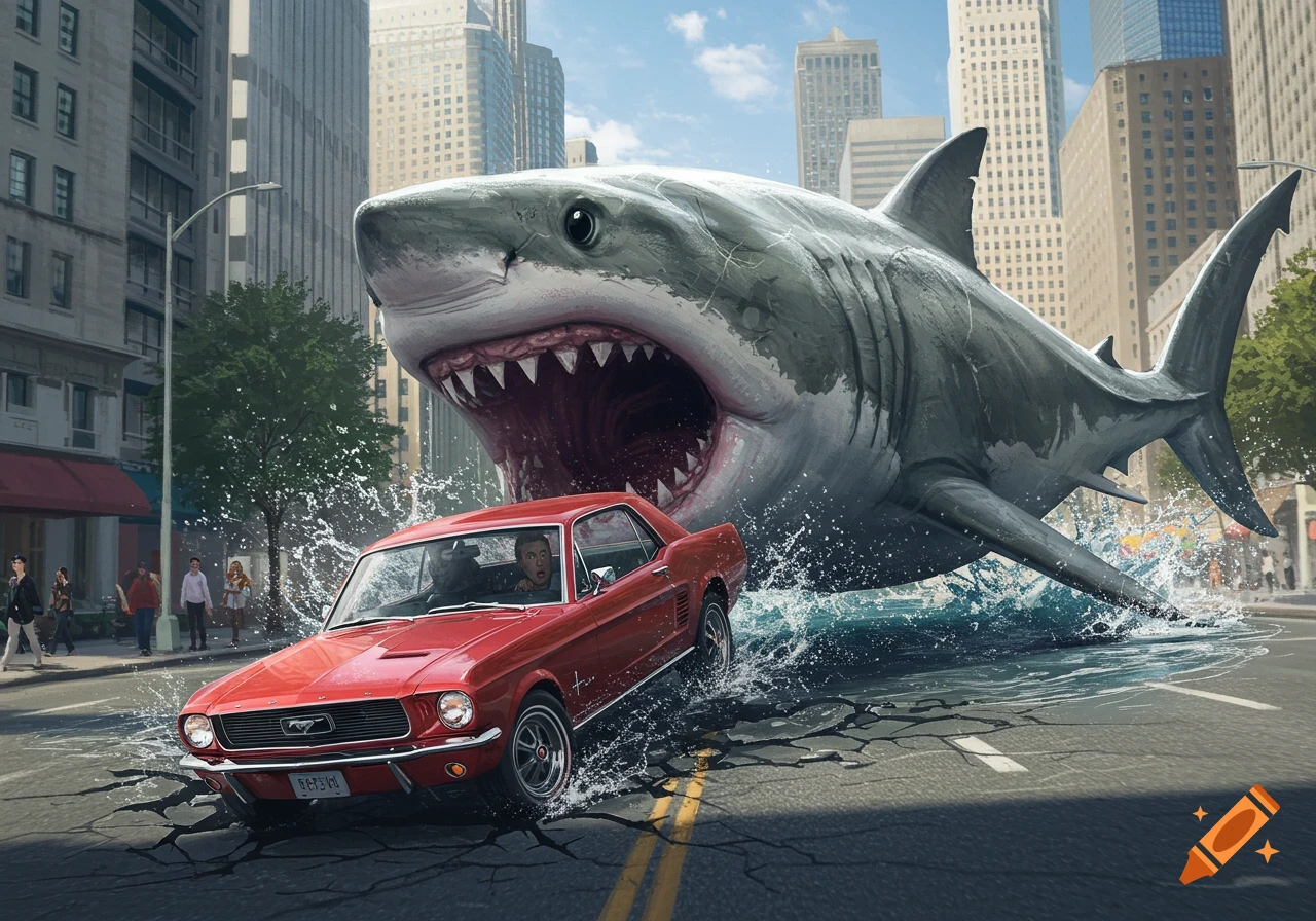 A giant great white shark erupts from the pavement on a city street, mouth agape, lunging towards a red vintage Ford Mustang speeding past, causing water and debris to splash around them with buildings in the background.