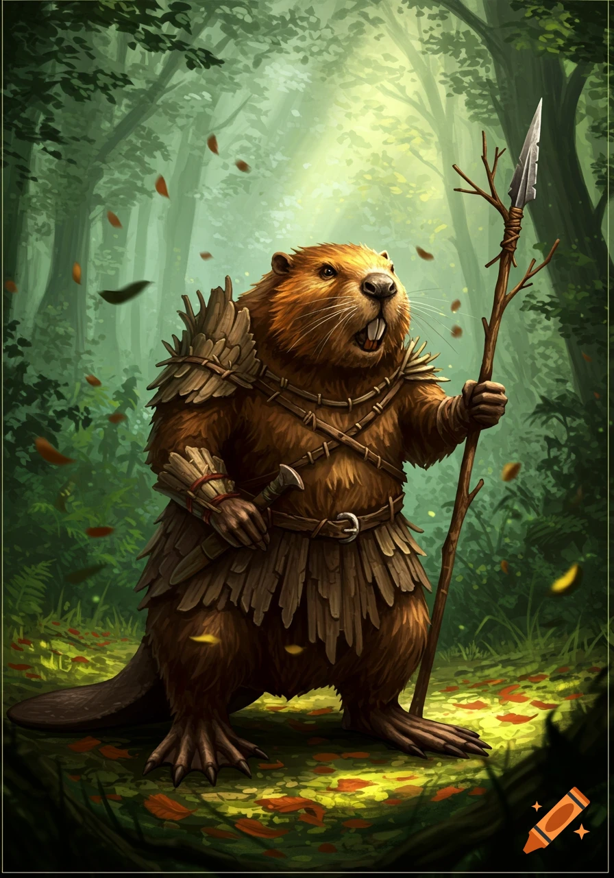 A valiant beaver warrior in wooden armor holds a spear in a sunlit forest, illustrated in a detailed fantasy style.