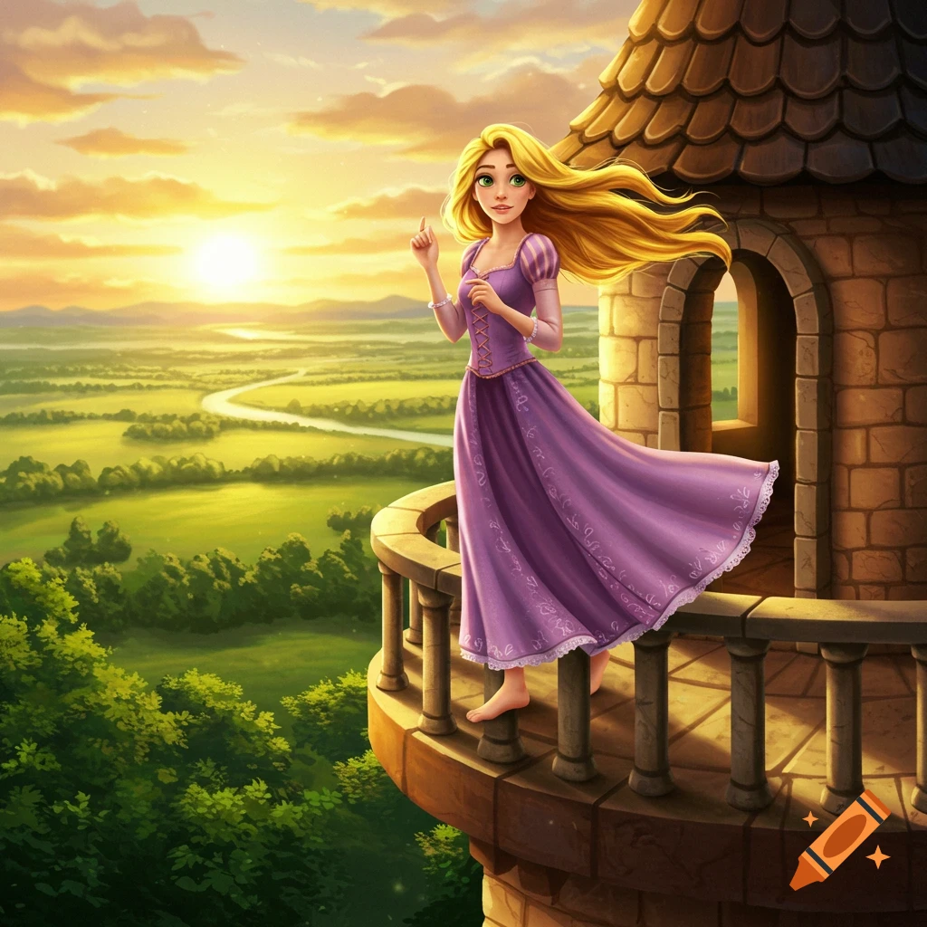Rapunzel on a tower balcony overlooks a vast green landscape with a winding river at sunset, in a vibrant cartoon illustration style.