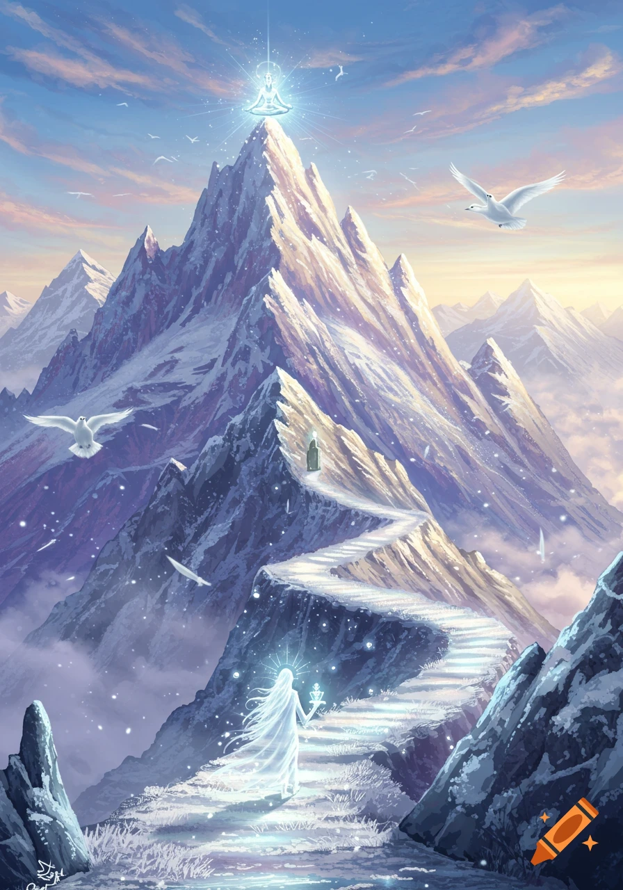 An ethereal figure ascends a glowing snowy mountain path towards a meditating figure at the summit, with white birds flying under a pastel sky.