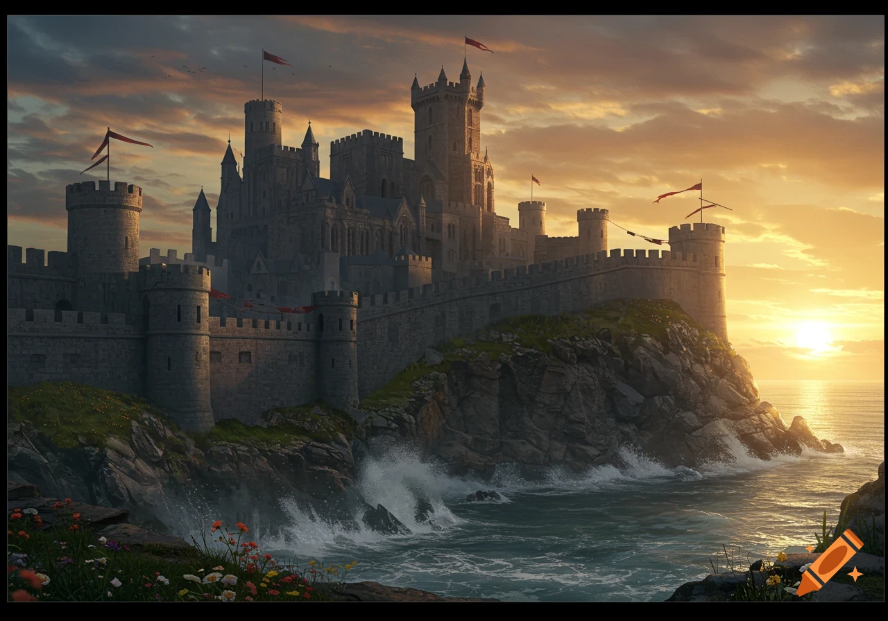 A majestic stone fortress with towers and walls built on a rocky cliff overlooking the sea at sunset.