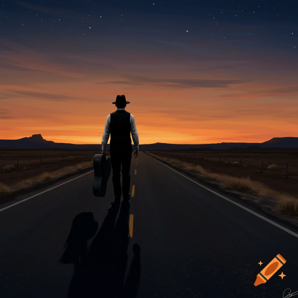 A man in a fedora, vest, and white shirt walks down a long, empty road at sunset, carrying a guitar case, casting a long shadow.