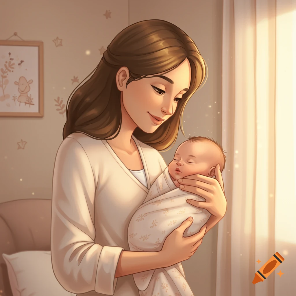A cartoon illustration of a loving mother holding her swaddled baby, bathed in soft, warm light.