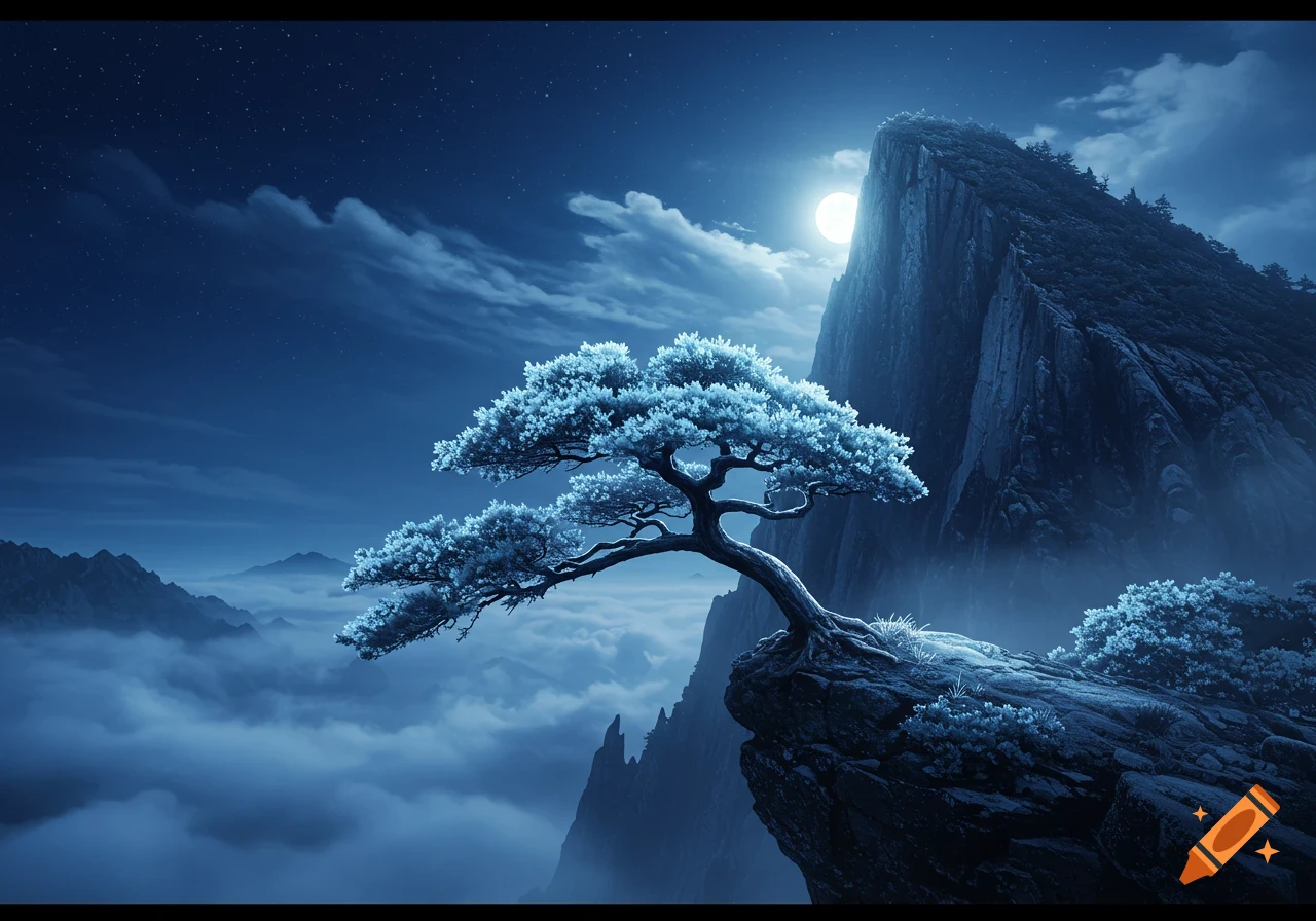 A moonlit landscape at night with a gnarled tree on a cliff overlooking misty mountains under a starry sky.