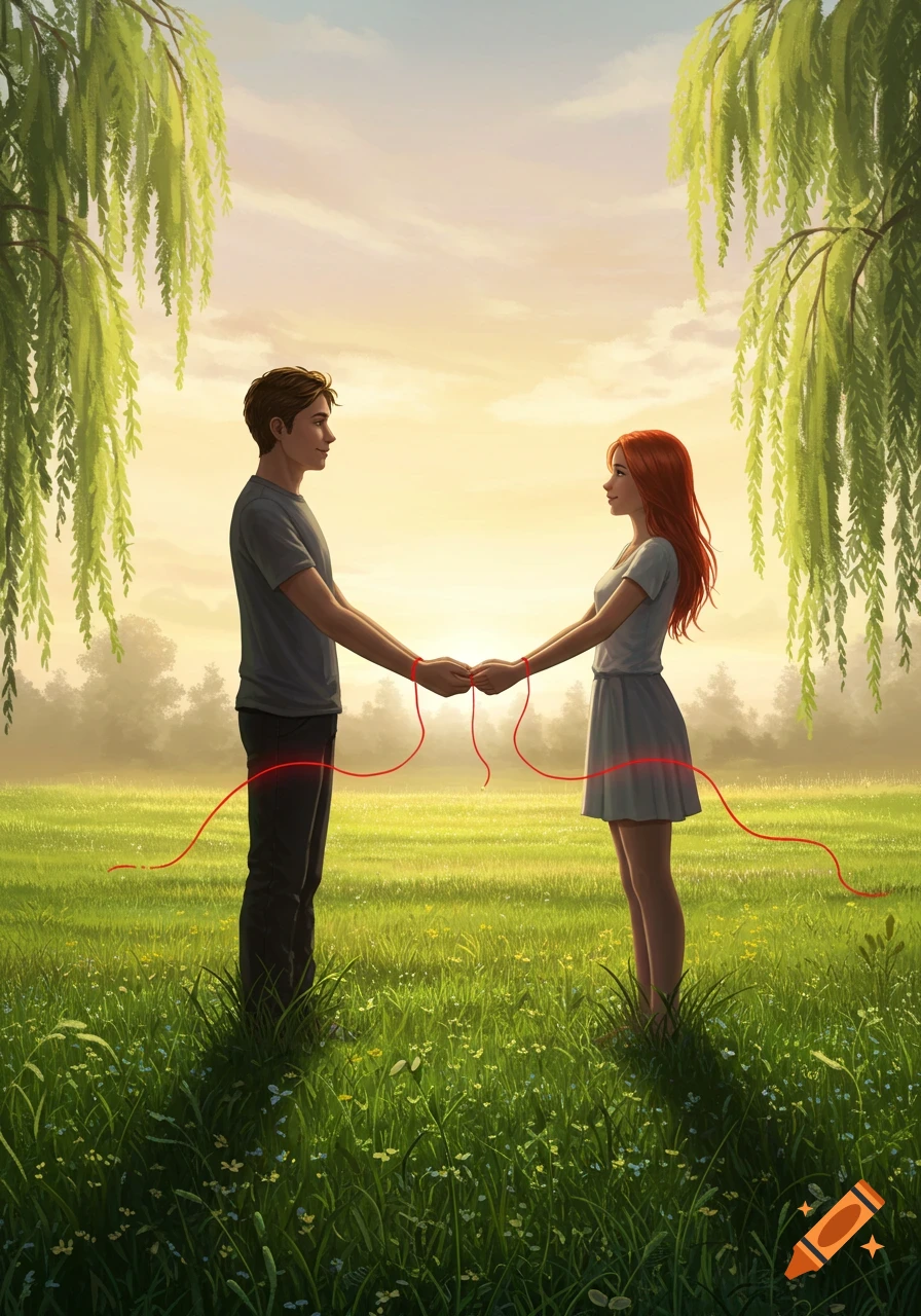 Painting of a young man and woman holding hands in a sunny, grassy field, connected by a glowing red string under willow trees.