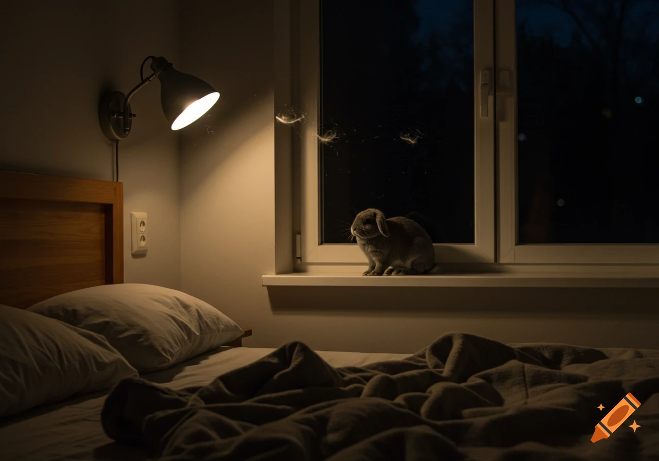 A gray lop-eared rabbit on a windowsill at night, illuminated by a bedside lamp next to an unmade bed.