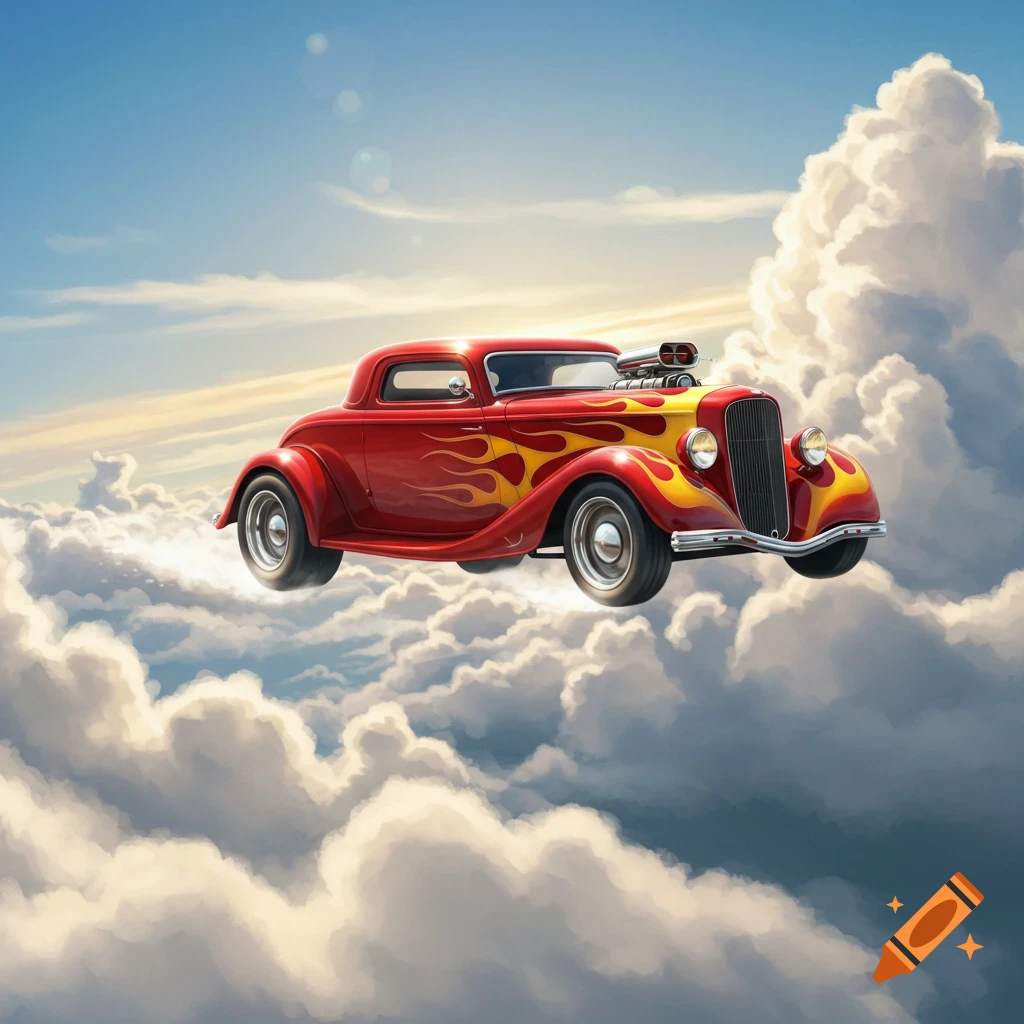 A vibrant red hot rod with yellow flame decals flies through a bright blue sky among fluffy white clouds.