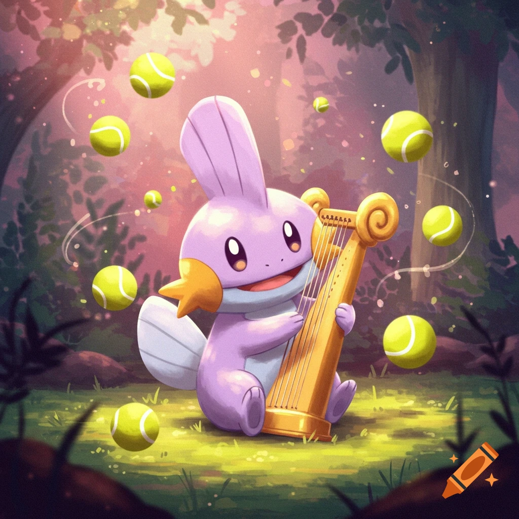 A cute purple Mudkip Pokemon plays a golden harp in a whimsical forest, surrounded by floating tennis balls and glowing specks.