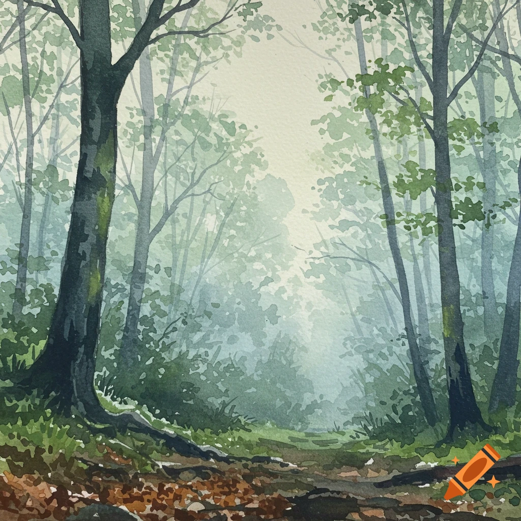 A watercolor painting of a foggy forest path with tall trees and lush green foliage.