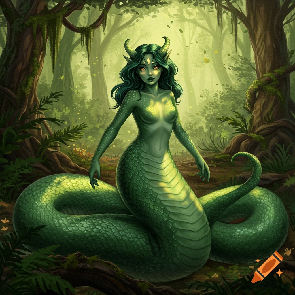 A green-skinned snake woman with horns and yellow eyes in a lush fantasy forest with dappled sunlight.