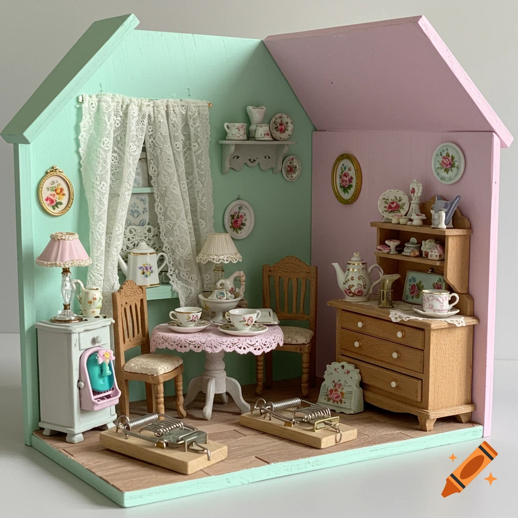 A detailed pastel green and pink dollhouse interior with miniature furniture and two large mouse traps on the wooden floor.