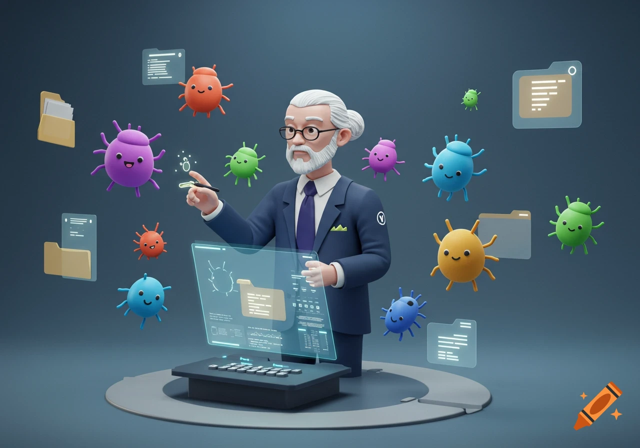 A stylized 3D illustration of an older man in a suit pointing at a holographic screen, surrounded by colorful smiling cartoon bugs, folders, and data interfaces, representing defect management.