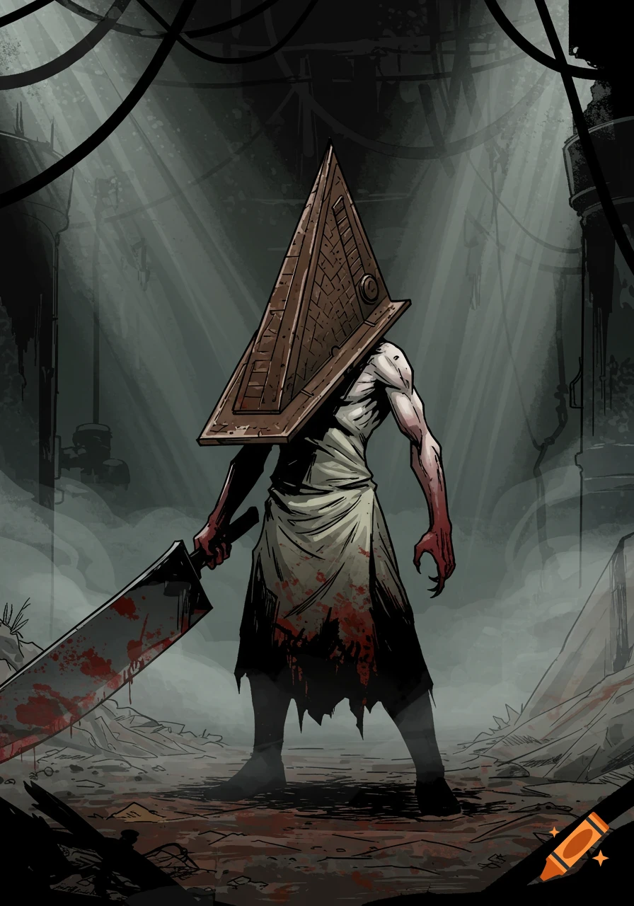 Pyramid Head in comic style, holding a bloody great knife in a dark, industrial environment.