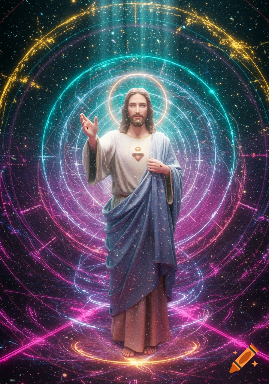 Jesus Christ with halo and sacred heart stands in a vibrant cosmic background with swirling neon rings and stars, hyperrealistic.