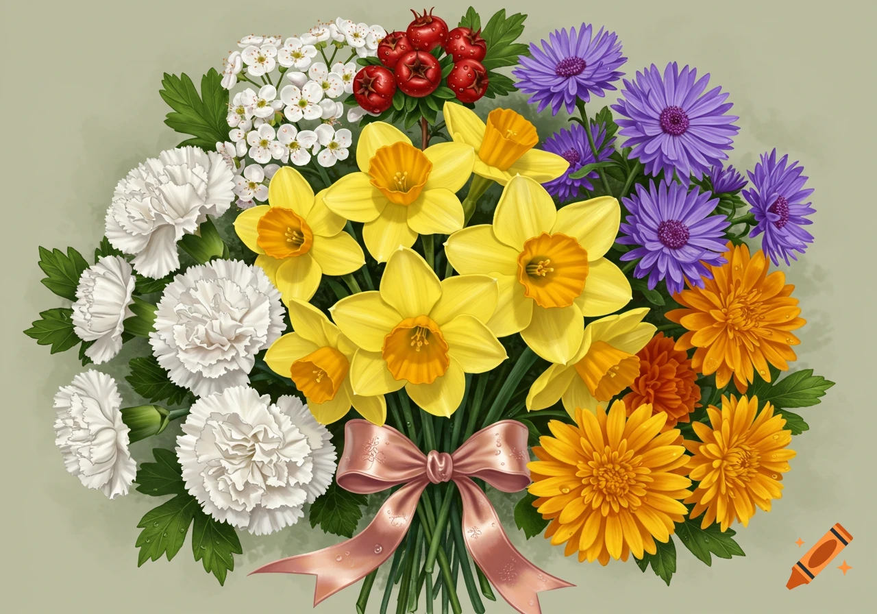 An illustration of a vibrant bouquet featuring white carnations, yellow daffodils, purple asters, and orange chrysanthemums tied with a pink ribbon.