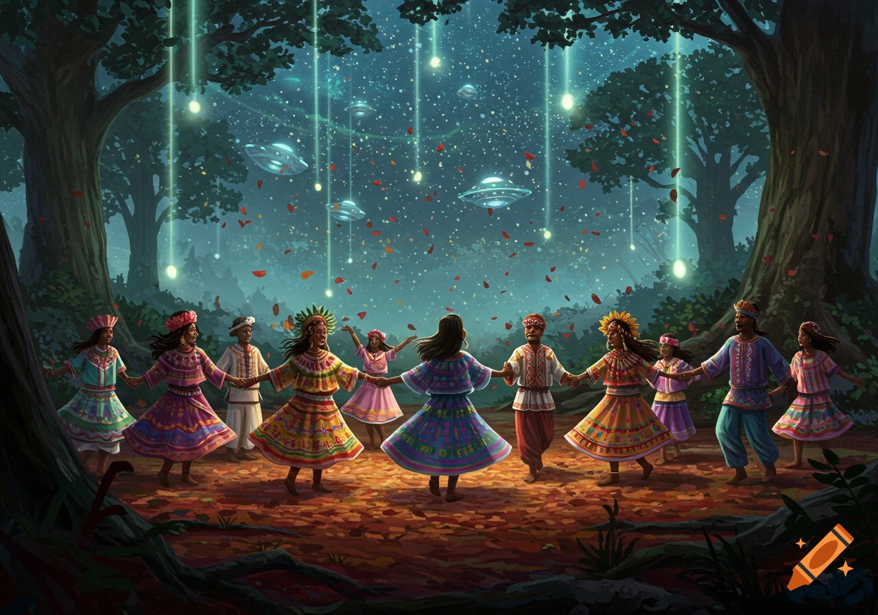 A group of people in colorful traditional attire dance in a circle in an enchanted forest as glowing UFOs descend from the starry sky.