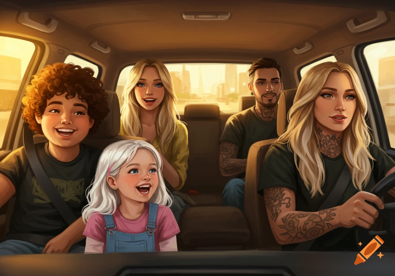 A stylized illustration shows a family of four (mom, dad, two children) smiling inside a car during sunset, with the mom driving and kids in the back.