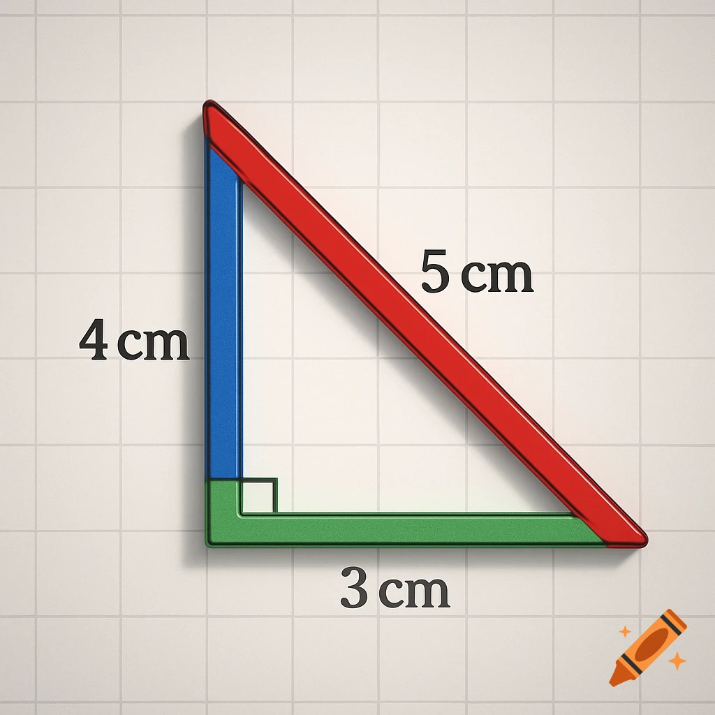 A right-angle triangle diagram with sides measuring 3 cm, 4 cm, and 5 cm on a grid background.