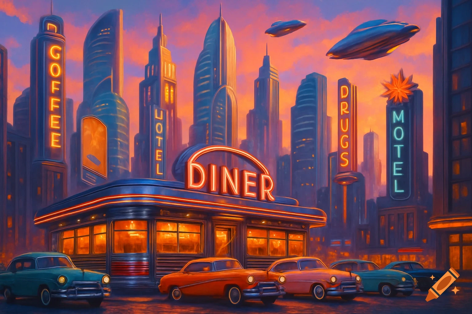 A vibrant retro-futuristic city skyline at dusk, featuring a neon-lit diner, classic cars, soaring skyscrapers, and flying saucers.