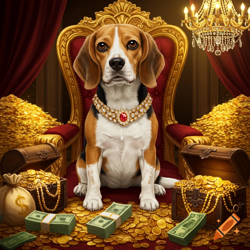 A photorealistic beagle dog wearing a diamond necklace sits on a red throne, surrounded by piles of gold coins and stacks of money.