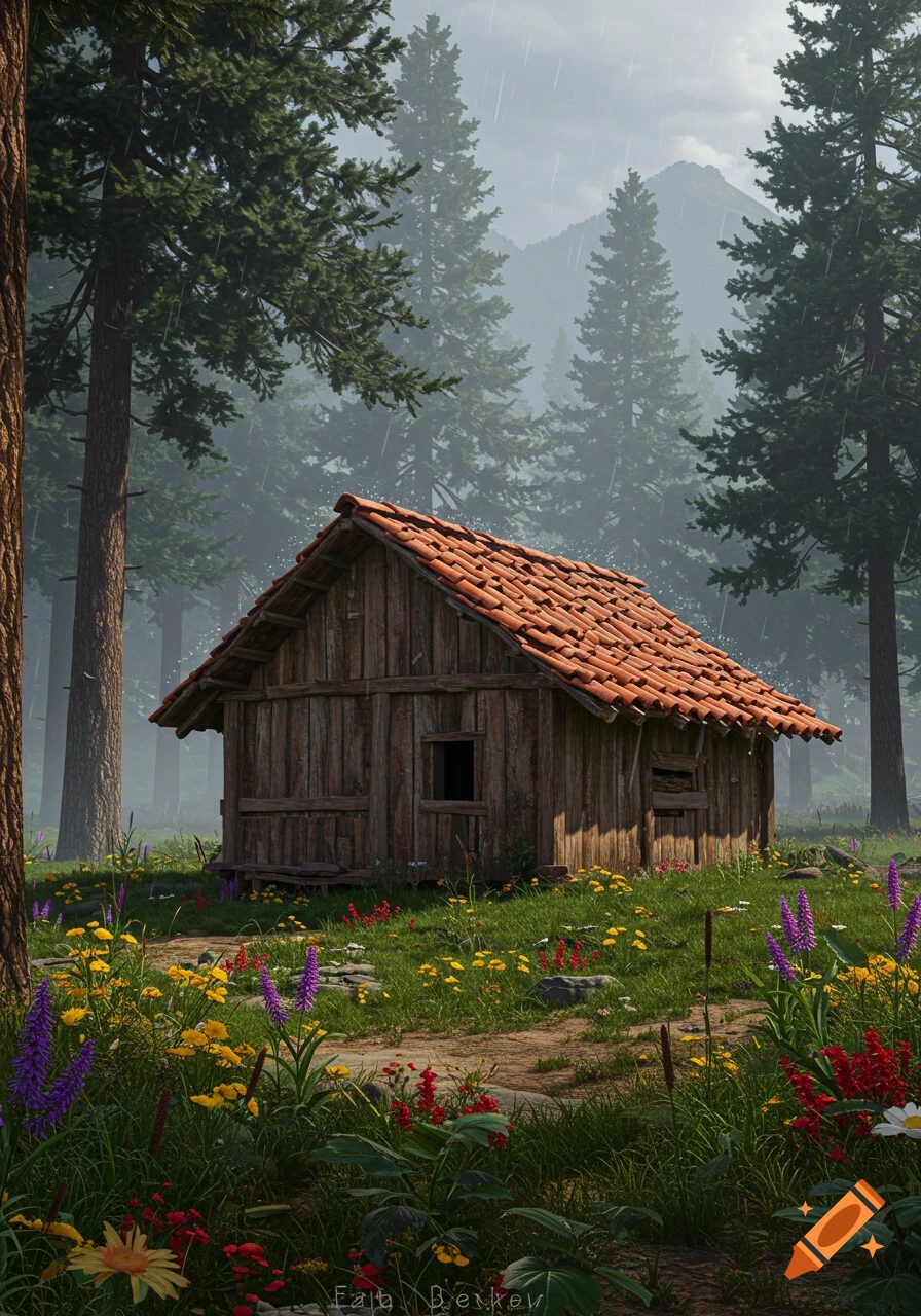 A rustic wooden cabin with a red tile roof in a meadow of wildflowers, surrounded by pine trees on a rainy day.