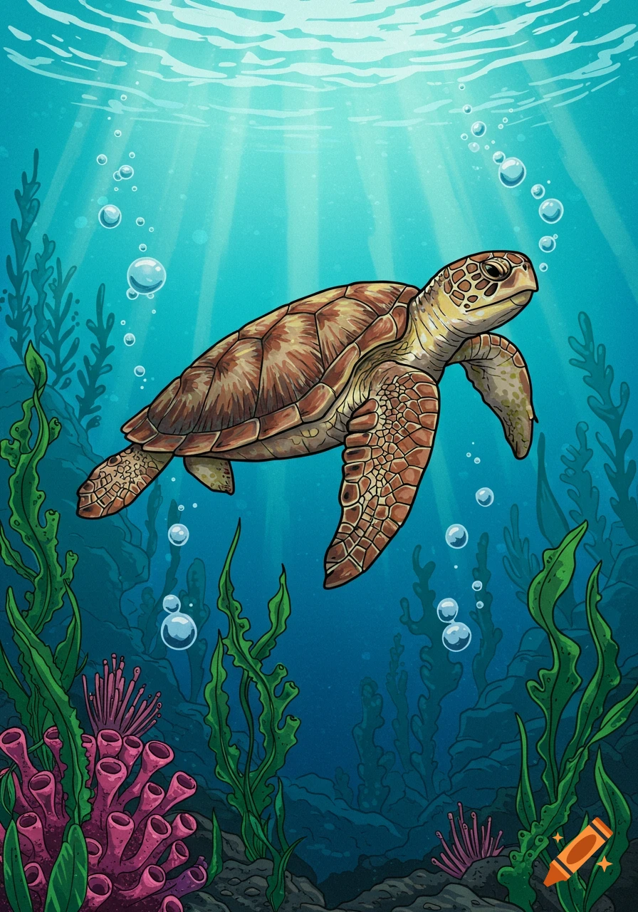 An illustrated sea turtle swims upwards in the ocean, with seaweed and coral below and sunlight filtering from above.