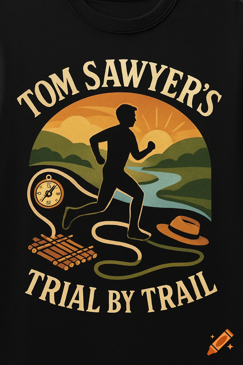 A stylized illustration on a black shirt featuring a silhouetted man running through a landscape with a river and sun. Text reads "TOM SAWYER'S TRIAL BY TRAIL" with a compass, raft, and hat.