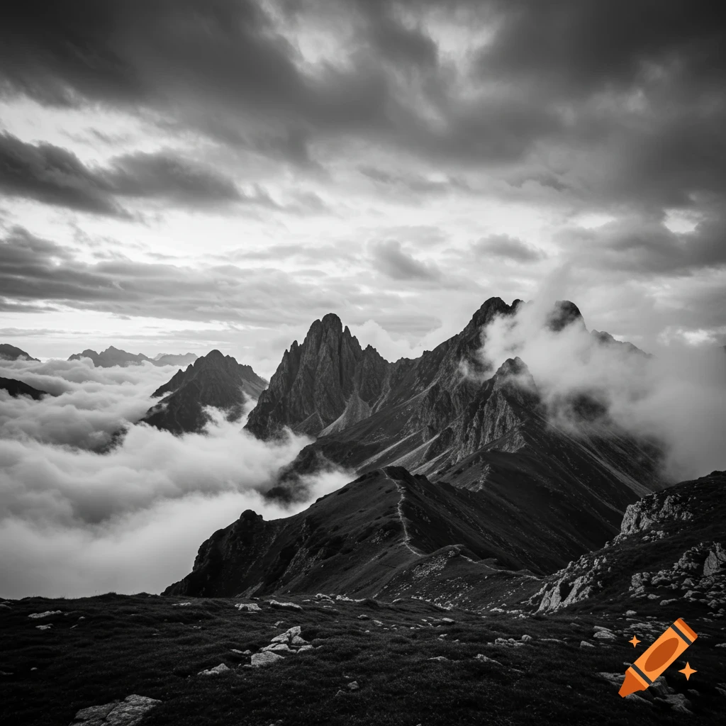 Dramatic black and white landscape of misty mountain peaks shrouded in clouds under a dark, cloudy sky.