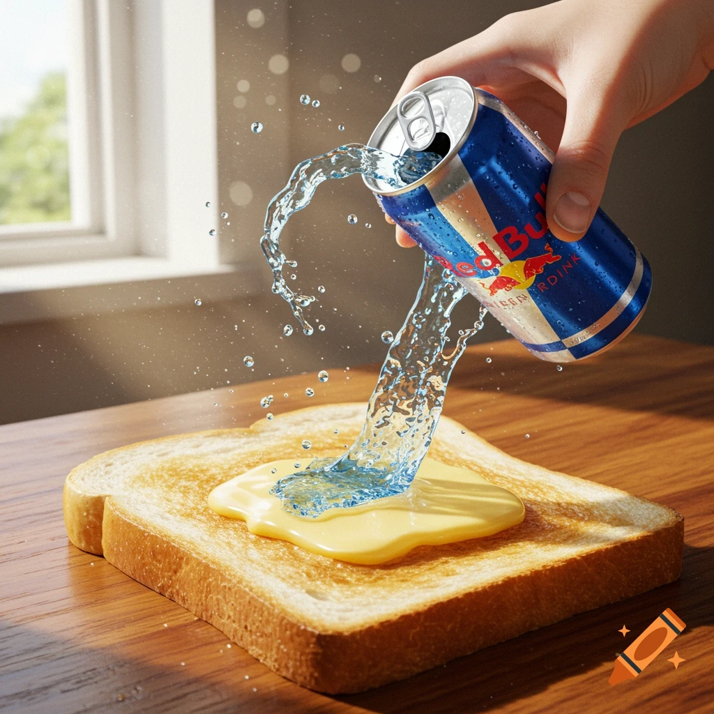 A hand pours a stream of Red Bull from a can onto a slice of toast covered in melted butter-like substance.