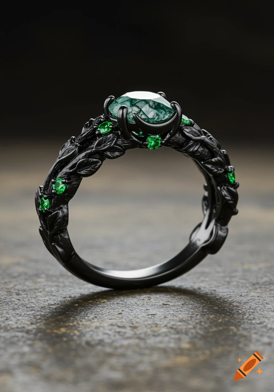 A black gold ring with a green moss agate stone and small green gems set in a vine and leaf band.