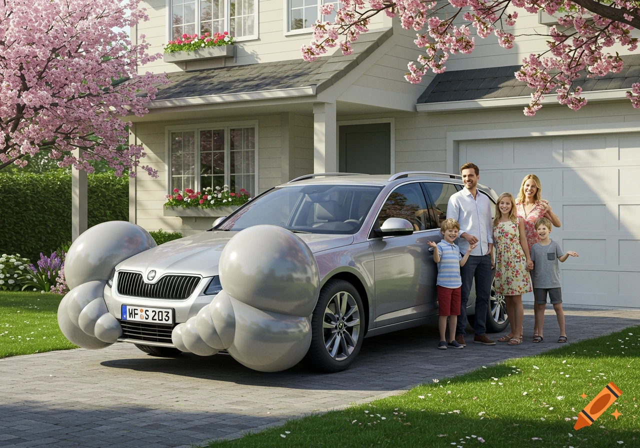 A smiling family stands in front of their house with a silver car featuring large inflatable bumpers. Cherry blossoms bloom overhead.