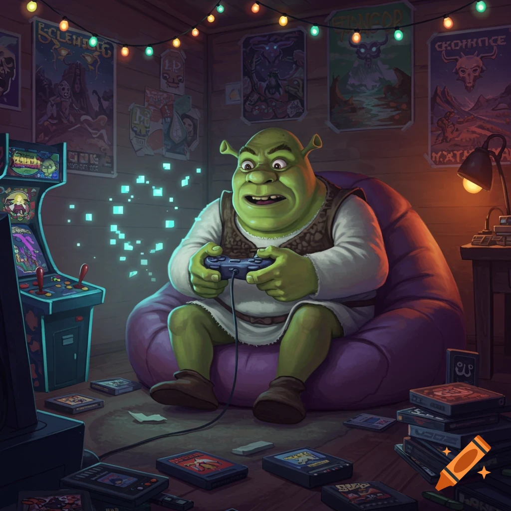 Shrek sits on a purple beanbag chair, intensely playing video games with a controller in a dimly lit room filled with arcade machines, posters, and scattered game cartridges. Colorful string lights illuminate the ceiling.