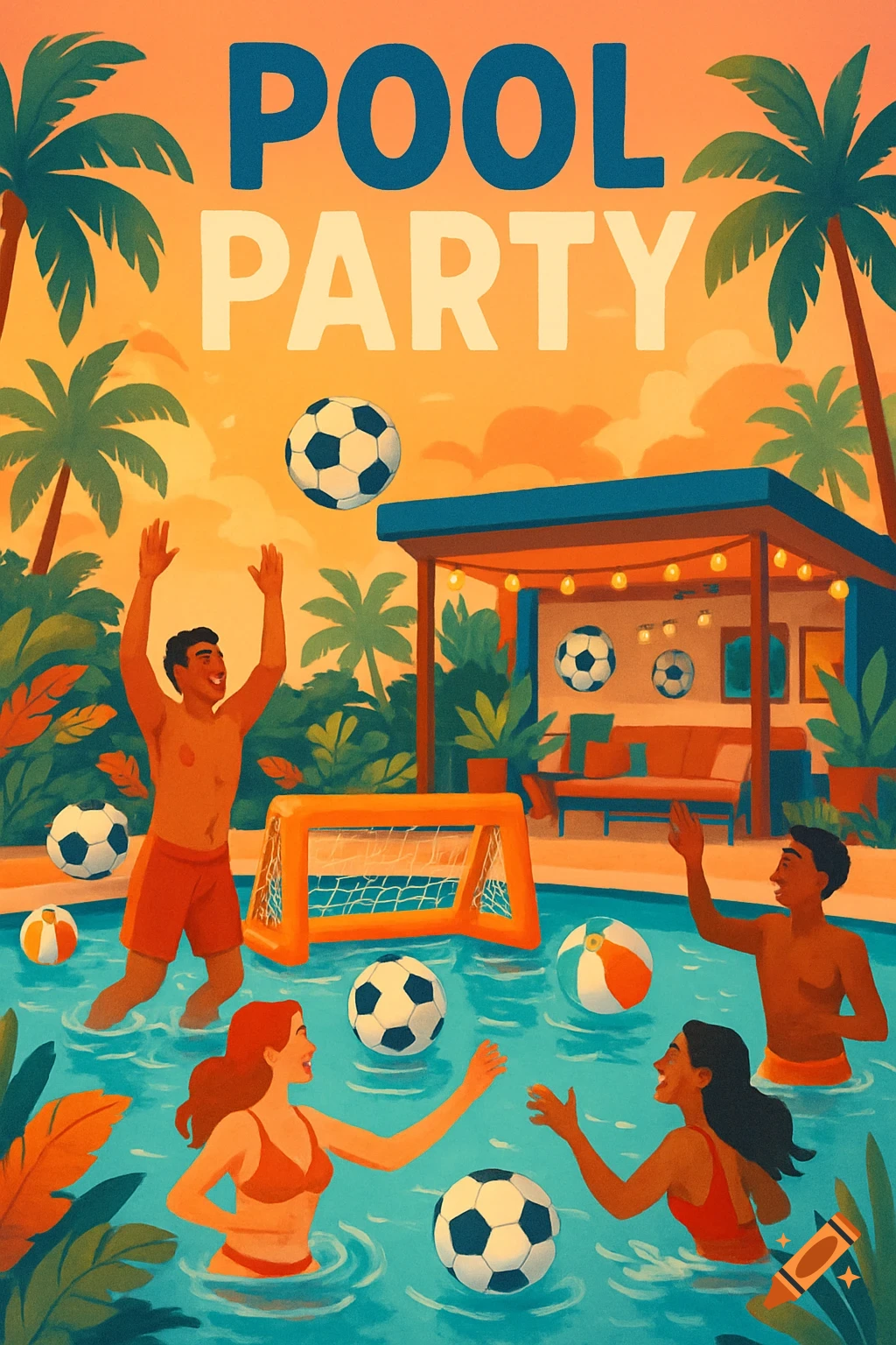 An illustration of a vibrant pool party with people playing soccer in the water under palm trees.