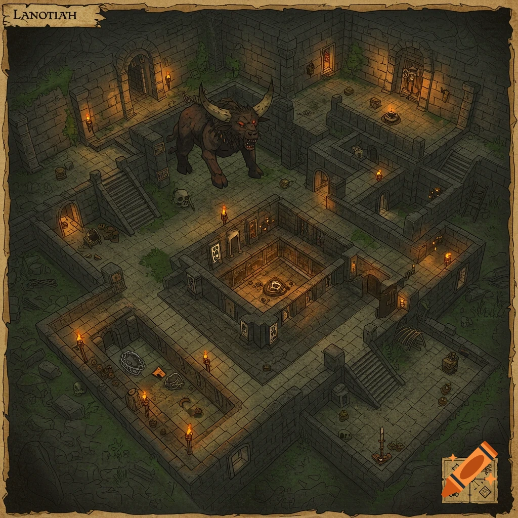 An isometric fantasy dungeon map with stone walls and lit torches. A large minotaur stands near the center of the labyrinthine structure.
