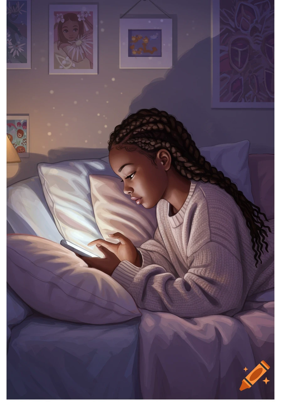 Digital illustration of a girl with braids in bed, looking at her glowing phone screen.