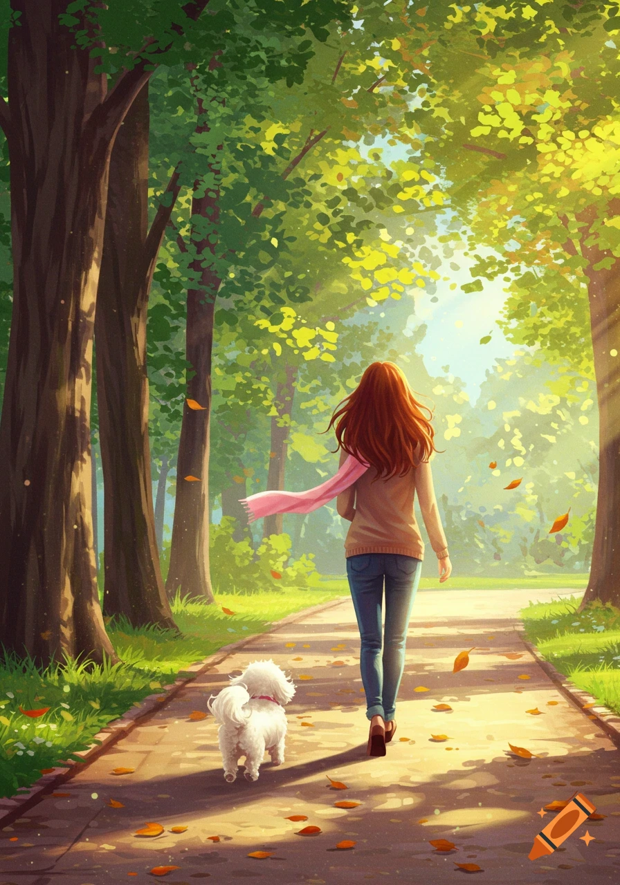 An illustration of a woman and a small white dog walking down a sunlit park path with autumn leaves.