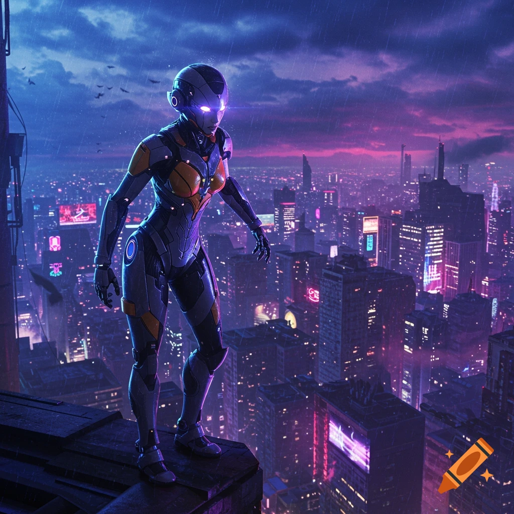 A female robot or cyborg stands on a high rooftop, overlooking a vast, neon-lit futuristic city at night under a purple and blue sky.