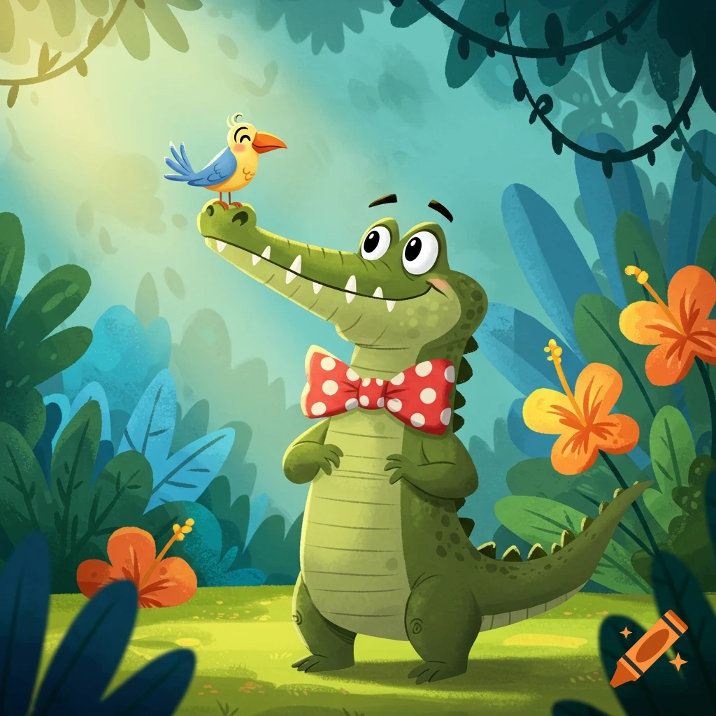 A cute cartoon alligator wearing a red polka dot bow tie with a happy blue bird perched on its snout in a vibrant jungle illustration.