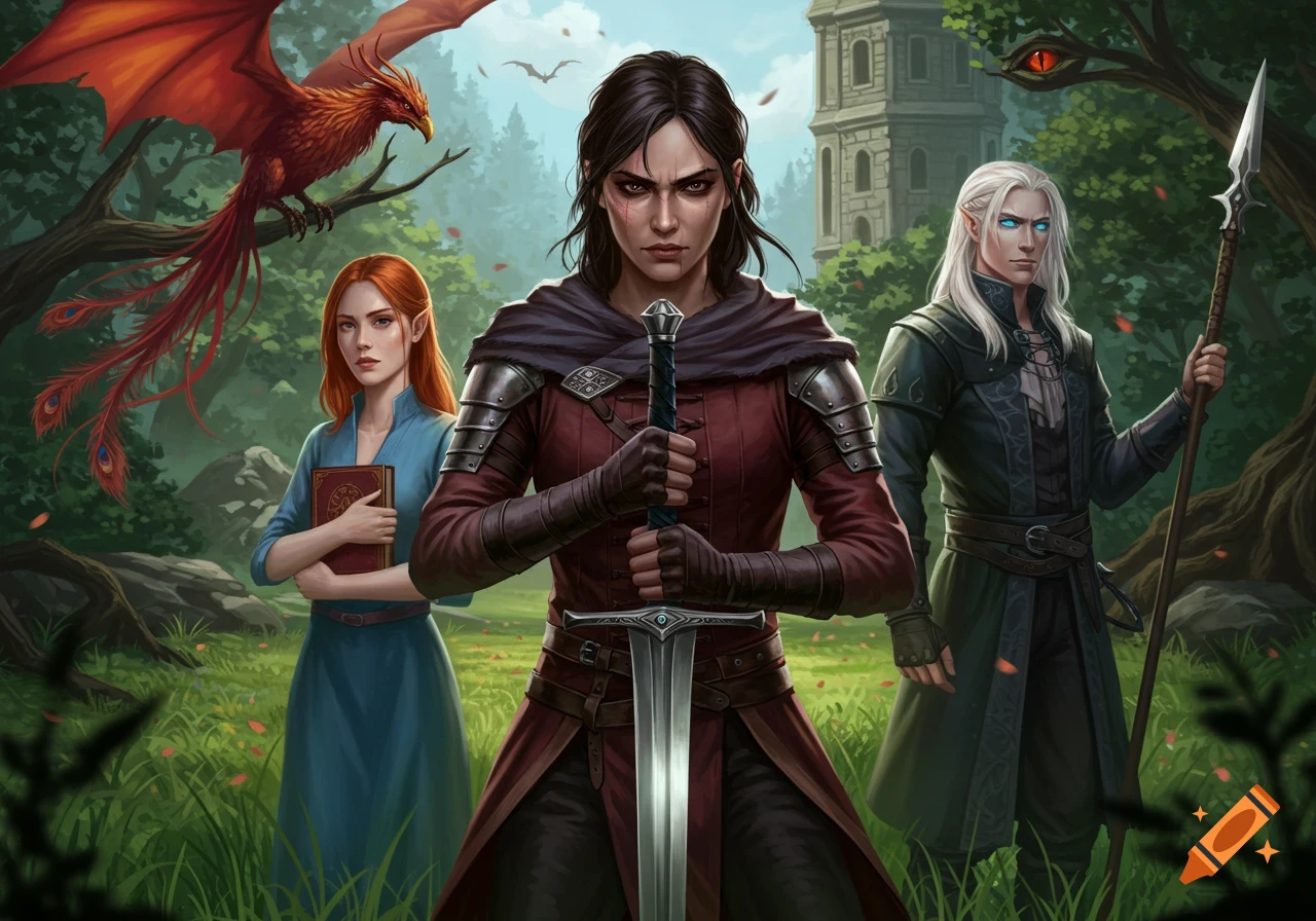 A dark-haired warrior holds a sword in a forest with a red-haired woman holding a book and a white-haired elf with a spear, and a phoenix nearby.