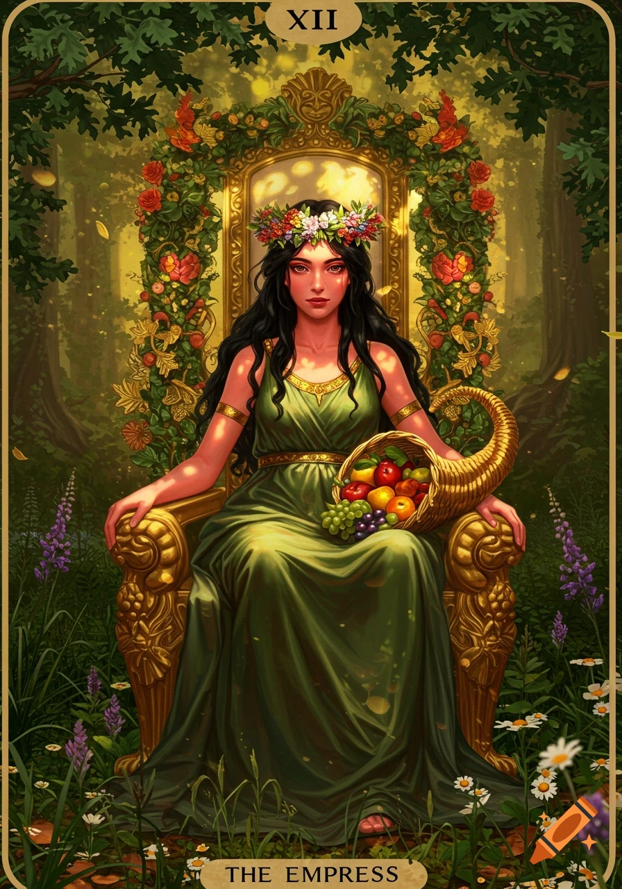 An elaborately illustrated tarot card depicting a dark-haired woman in a green gown, wearing a flower crown and sitting on a golden throne in a lush forest, holding a cornucopia of fruit. The card is titled 'THE EMPRESS' at the bottom and 'XII' at the top.